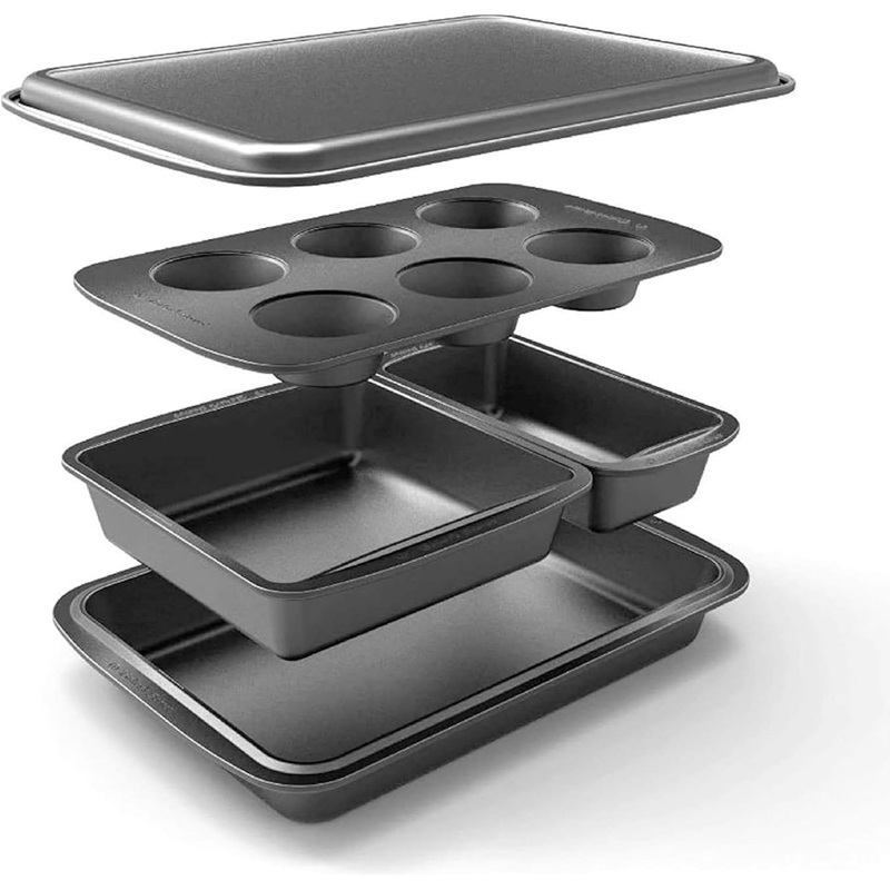 Bakers Secret 5 Piece Essentials Non-Stick Steel Baking Set, Dark Gray