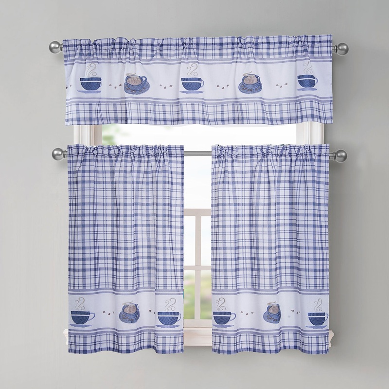 Coffee 3-Piece Plaid Embroidered Kitchen Curtain Set, Blue, 56x36 Inches