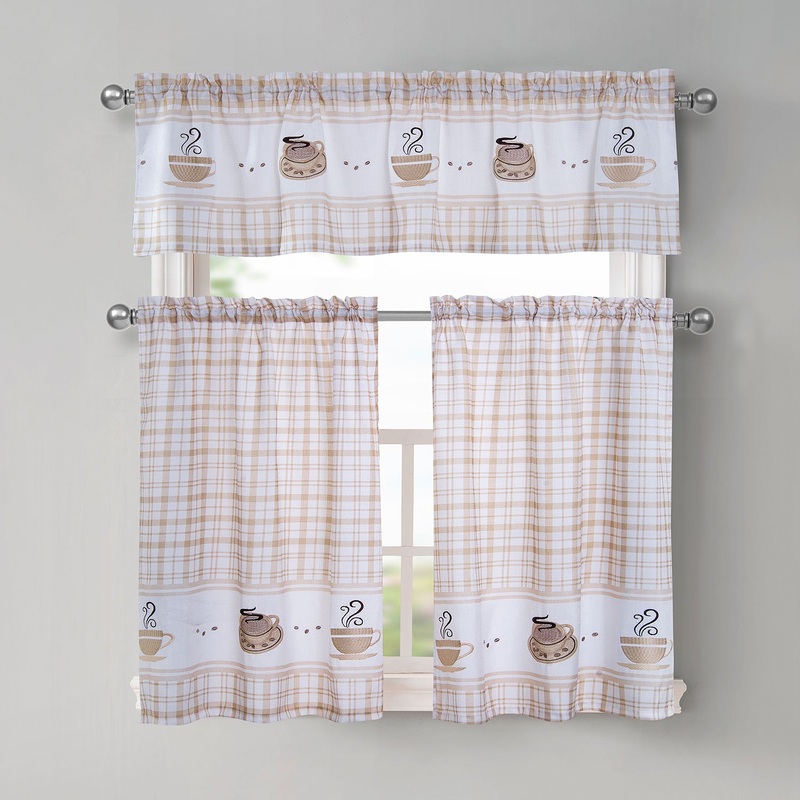 Coffee 3-Piece Plaid Embroidered Kitchen Curtain Set, Natural, 56x36 Inches