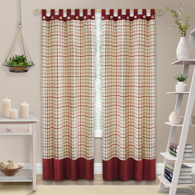 Tattersall Button Tab Top Window Curtain Panel - 52x63 - Burgundy