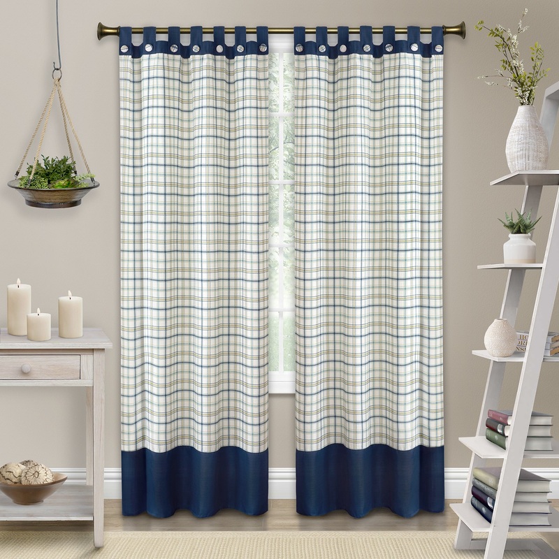 Tattersall Button Tab Top Window Curtain Panel - 52x63 - Navy