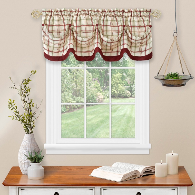 Tattersall Tuck Valance with Buttons - 58x14 - Burgundy