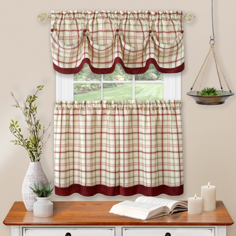 Tattersall Window Curtain Tier Pair and Valance Set - 58x24 - Burgundy