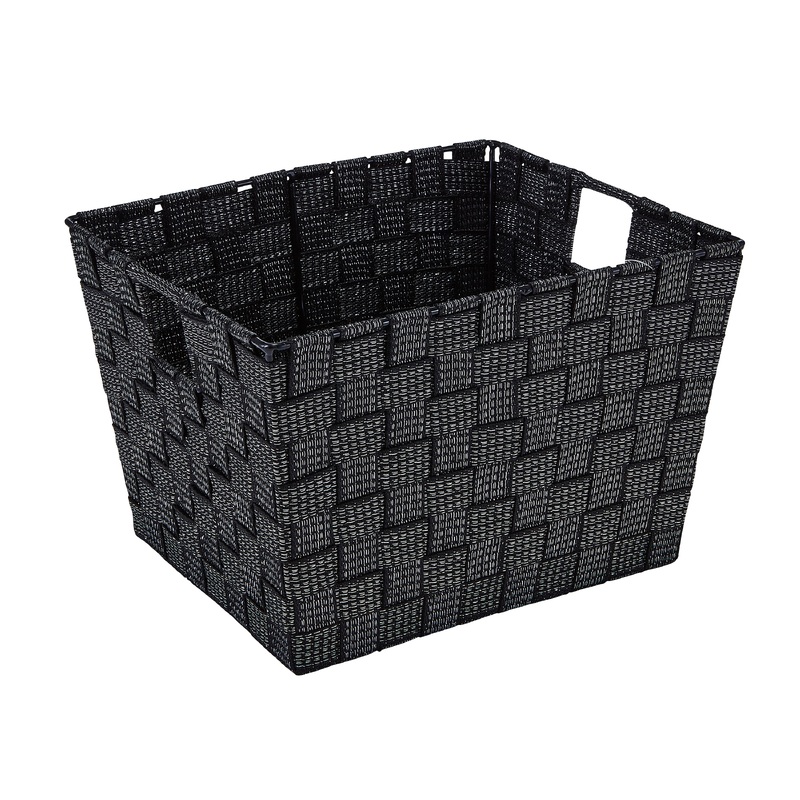 Simplify Medium Lurex Striped Woven Storage Bin in Black/Silver