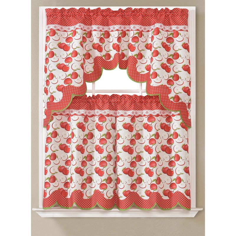 Agnes Apples Kitchen Curtain Set, Red, Swag Valance 60x36, Tiers 30x36 Inches