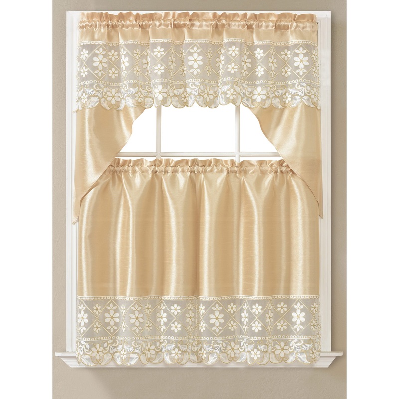 Ava Floral Embroidered Kitchen Curtain Set, Gold, Swag Valance 60x36, Tiers 30x36 Inches