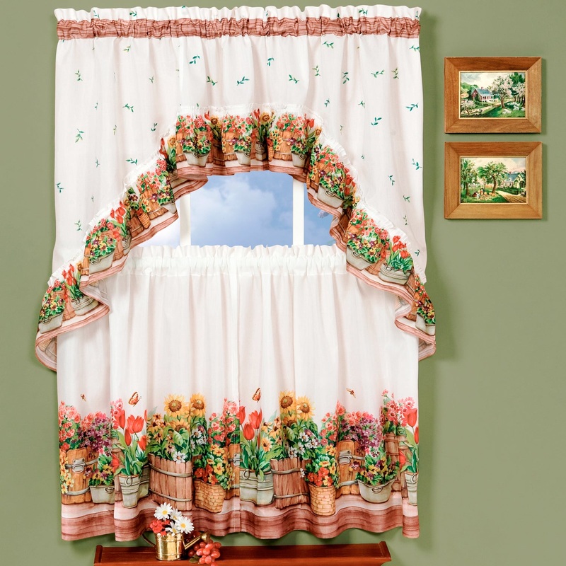 Country Garden Printed Kitchen Curtain, 57x36 & 57x30 Inches
