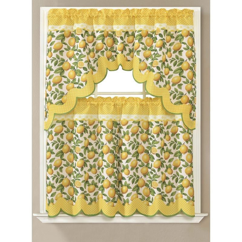 Lemon Printed Kitchen Curtain Set, Yellow, Swag Valance 60x36, Tiers 30x36 Inches