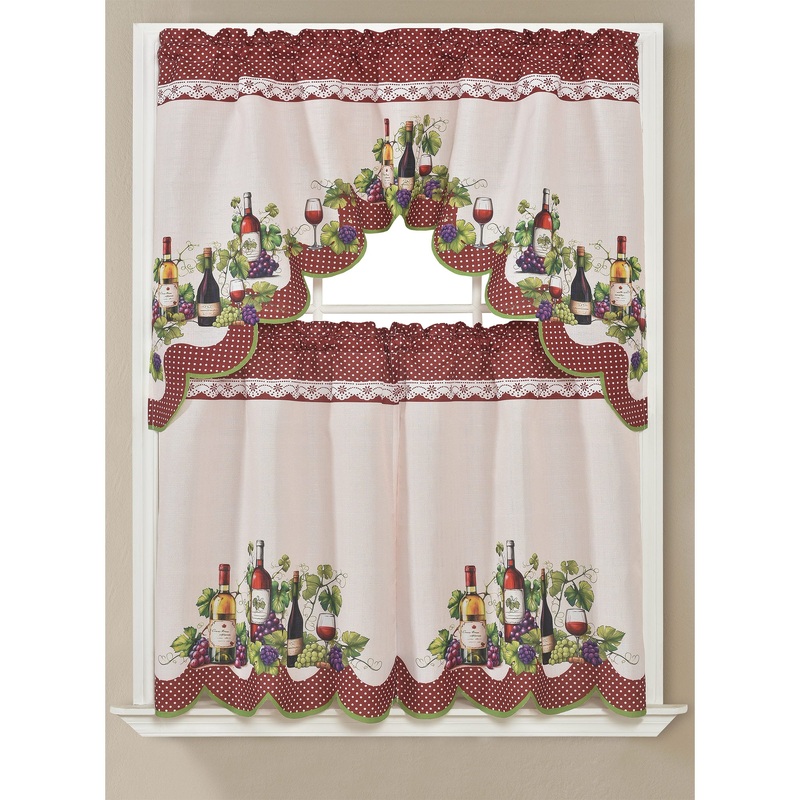 Merlot Wine 3D Kitchen Curtain Set, Burgundy, Swag Valance 60x36, Tiers 30x36 Inches