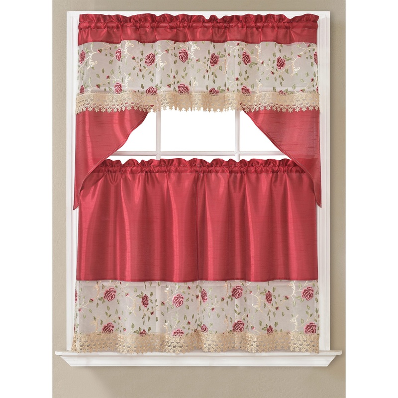 Mindy Floral Embroidered Kitchen Curtain Set, Burgundy, Swag Valance 60x36, Tiers 30x36 Inches