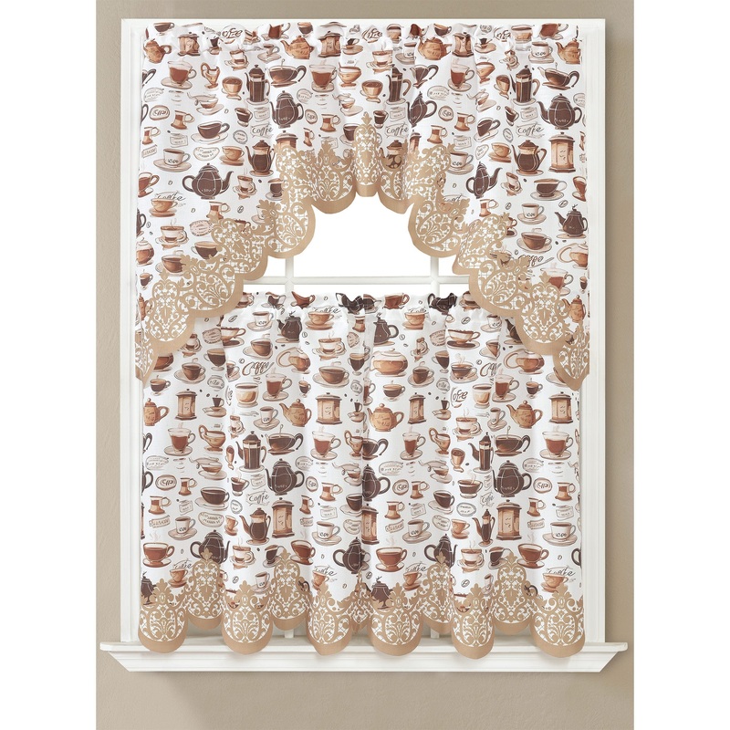 Mocha Coffee Kitchen Curtain Set, Brown, Swag Valance 60x36, Tiers 30x36 Inches