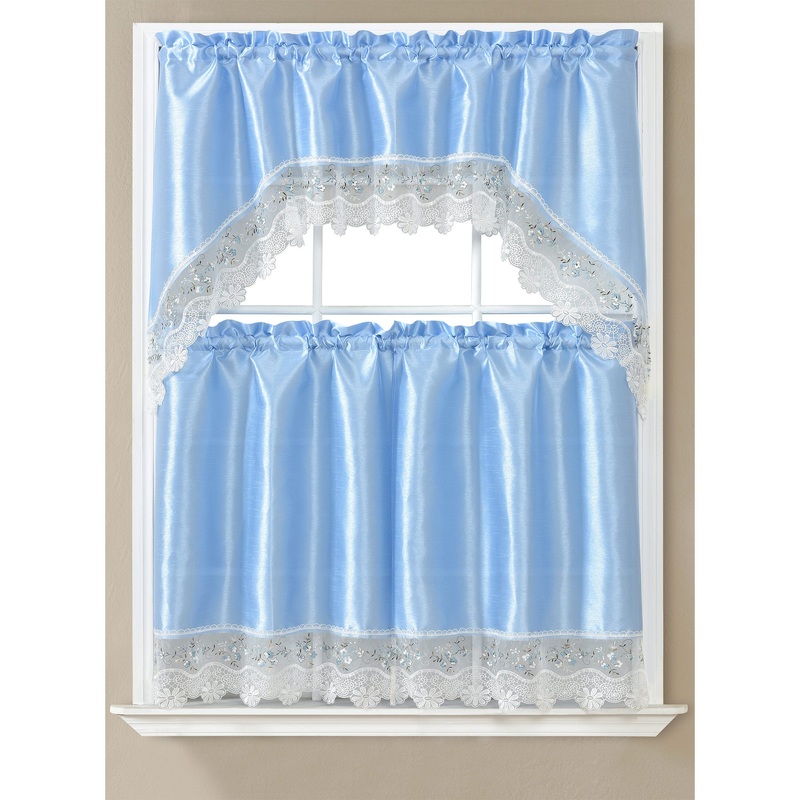 Roxie Embroidered Kitchen Curtain Set, Blue, Swag Valance 60x36, Tiers 30x36 Inches