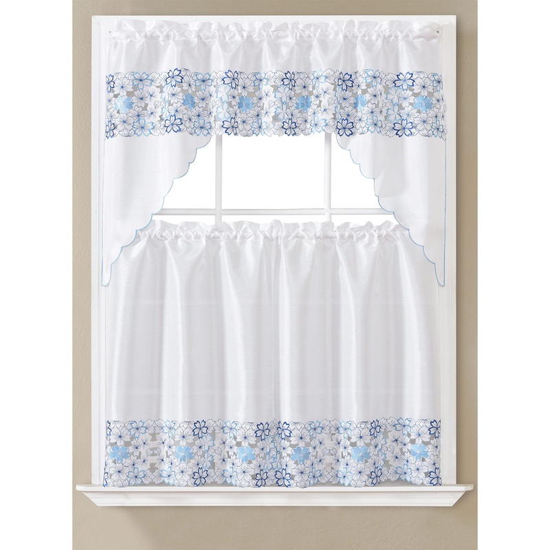 Tori Floral Embroidered Kitchen Curtain Set, Swag Valance 60x36, Tiers 30x36 Inches