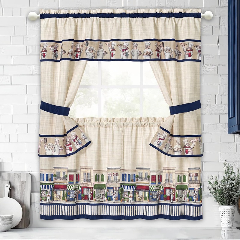 Achim Bon Appetit Printed Cottage Kitchen Curtain Set, Navy, 57x36 Inches