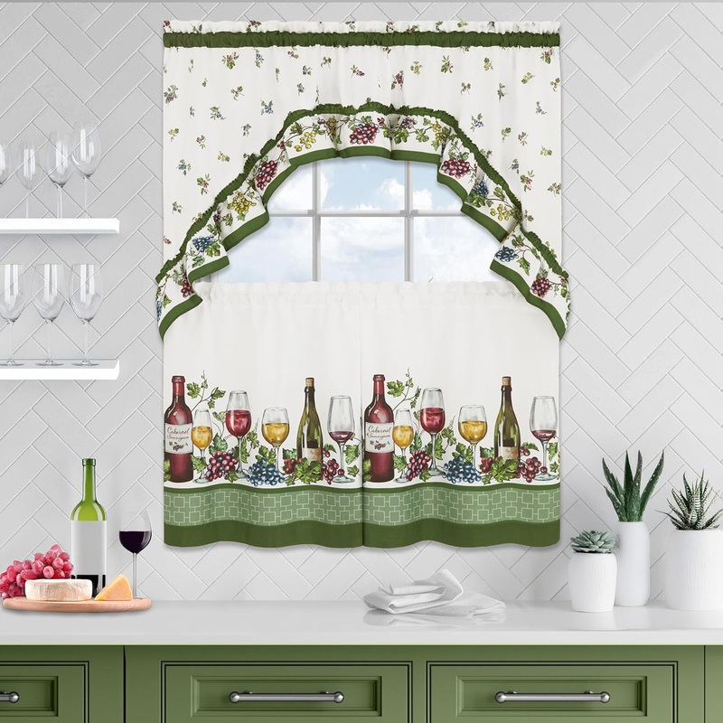 Achim Napa Printed Tier and Swag Kitchen Curtain Set, Green, 57x36 Inches