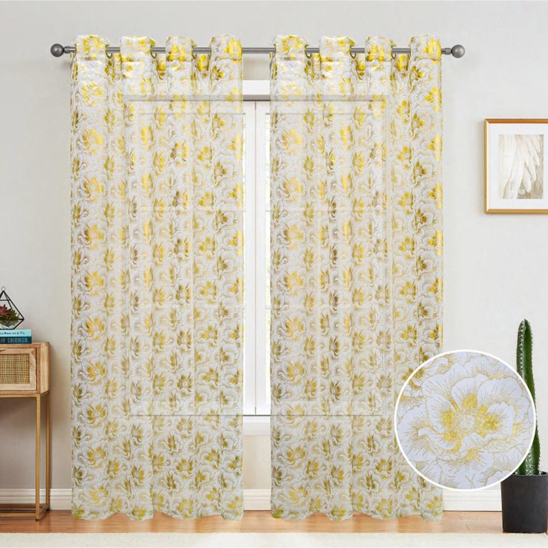 Atlanta Metallic Foil Floral Sheer Grommet Window Curtain Panel, 54x84 Inches