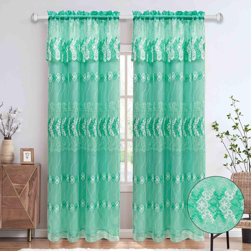 Dana Embroidered Rod Pocket Window Curtain Panel with Attached Valance, 54x84 Inches