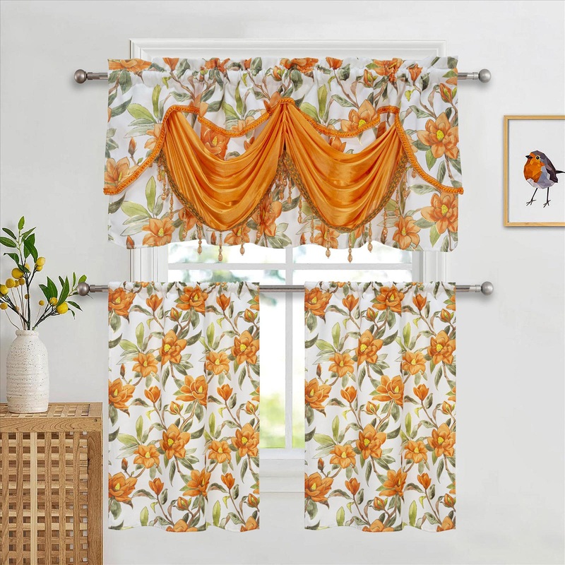 Goldie Floral Kitchen Curtain Set, Waterfall Swag Valance 60x36, Tier 30x36 Inches