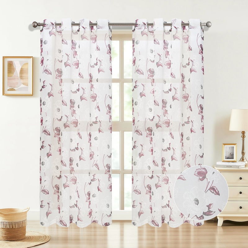 Loro Sheer Floral Printed Grommet Window Curtain Panel, 54x84 Inches