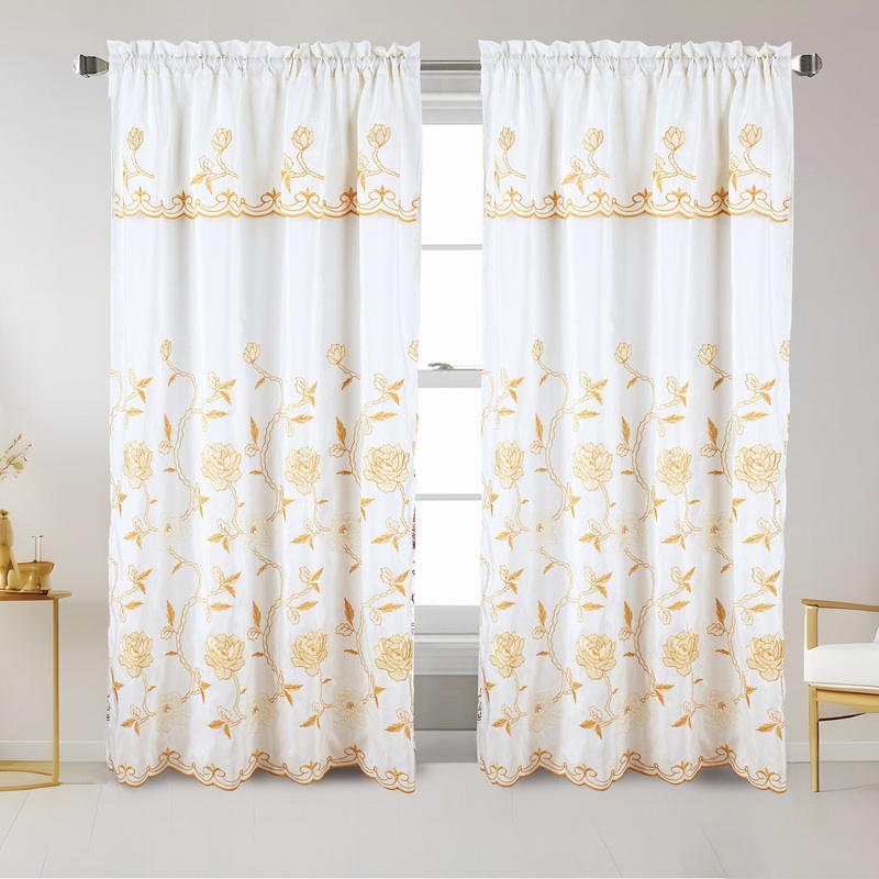 Mariana Embroidered Floral Rod Pocket Window Curtain Panel with Valance, 55x84 Inches