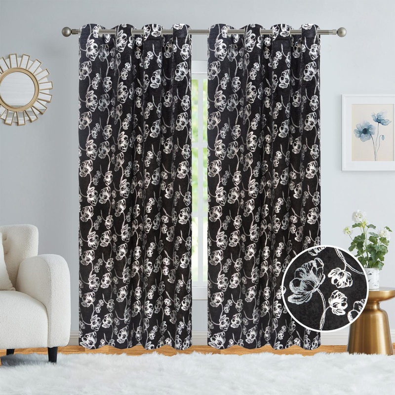 Newark Metallic Foil Floral Room Darkening Grommet Window Curtain Panel, 54x84 Inches
