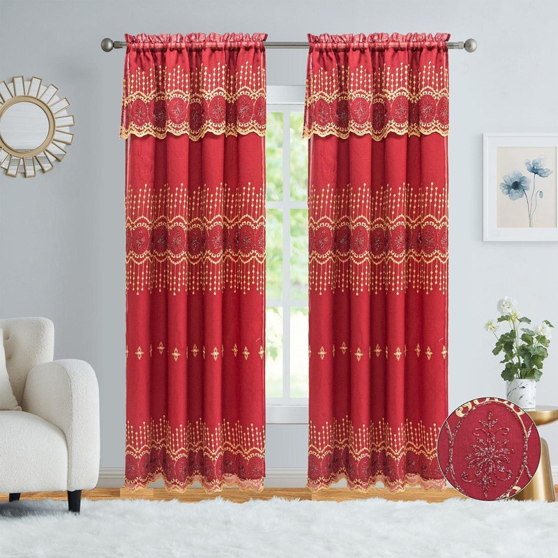 Vanessa Embroidered Rod Pocket Window Curtain Panel with Attached Valance, 54x84 Inches