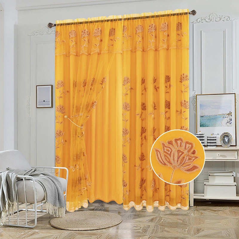 Yasmin Embroidered Window Curtain Panel with Attached Valance and Backing, 54x84 Inches