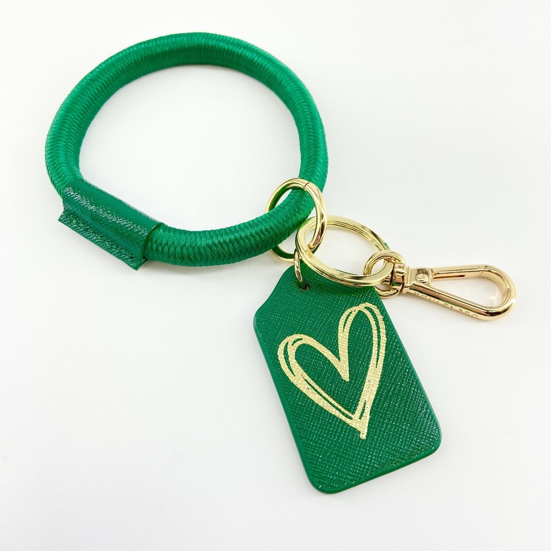 Bracelet Keyring - Leather & Woven Nylon - Green With Heart