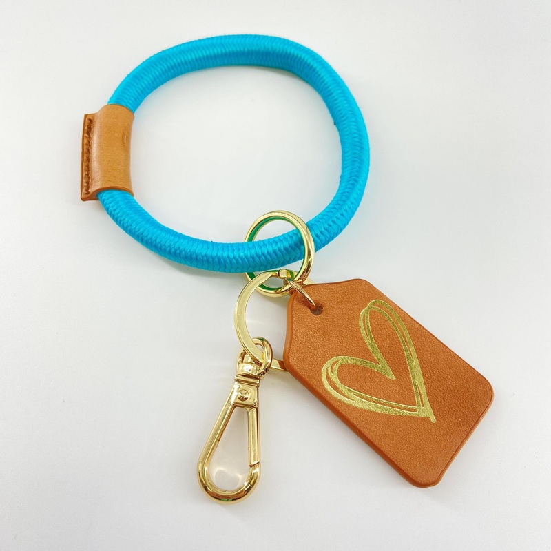 Bracelet Keyring - Leather & Woven Nylon - Turquoise and Natural With Heart